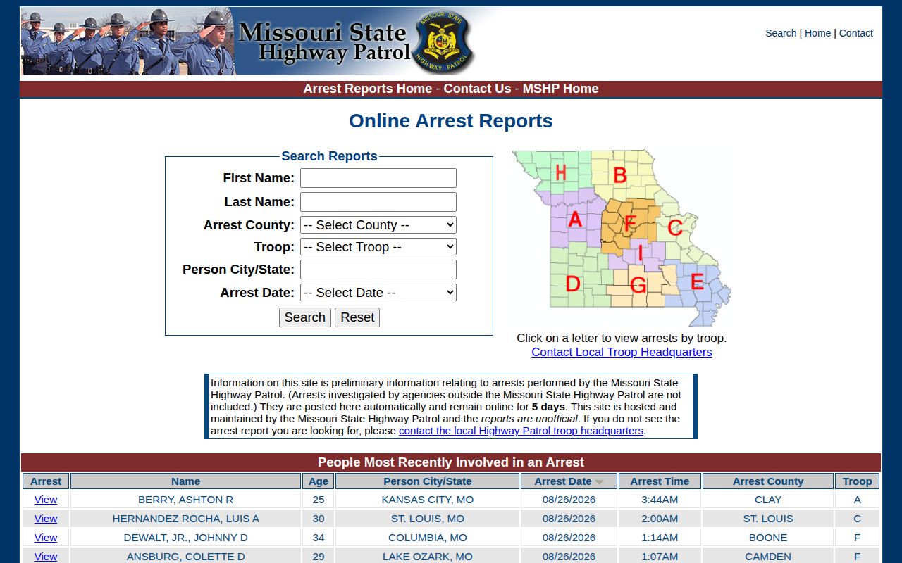 Lafayette County Missouri State Highway Patrol arrest record search